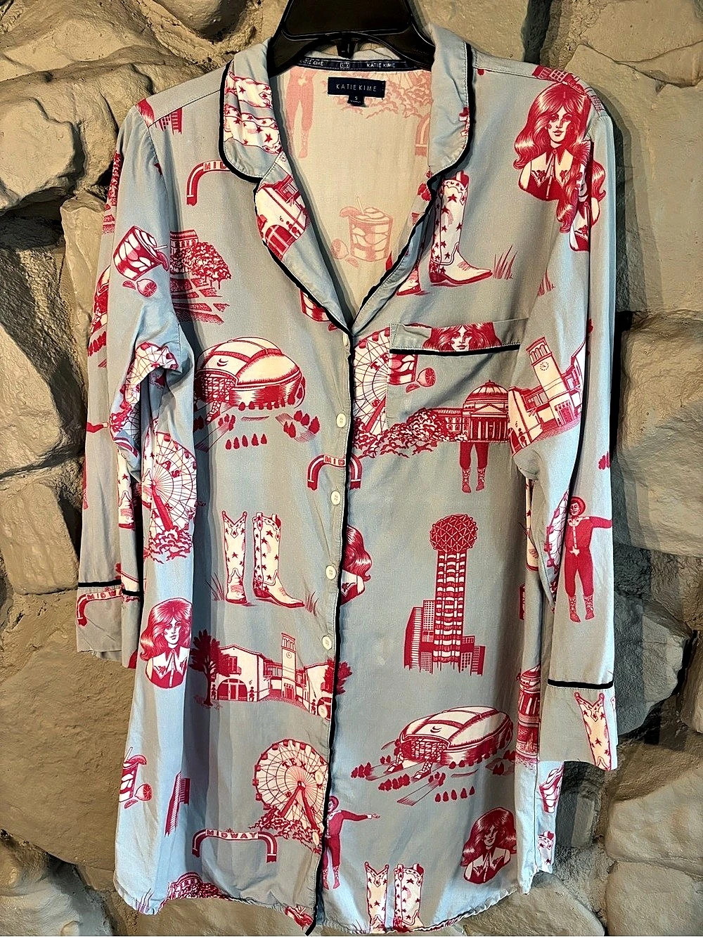 Katie Kime Texas State Fair Long Sleeve Button Down Pajama Nightshirt Blue & Red